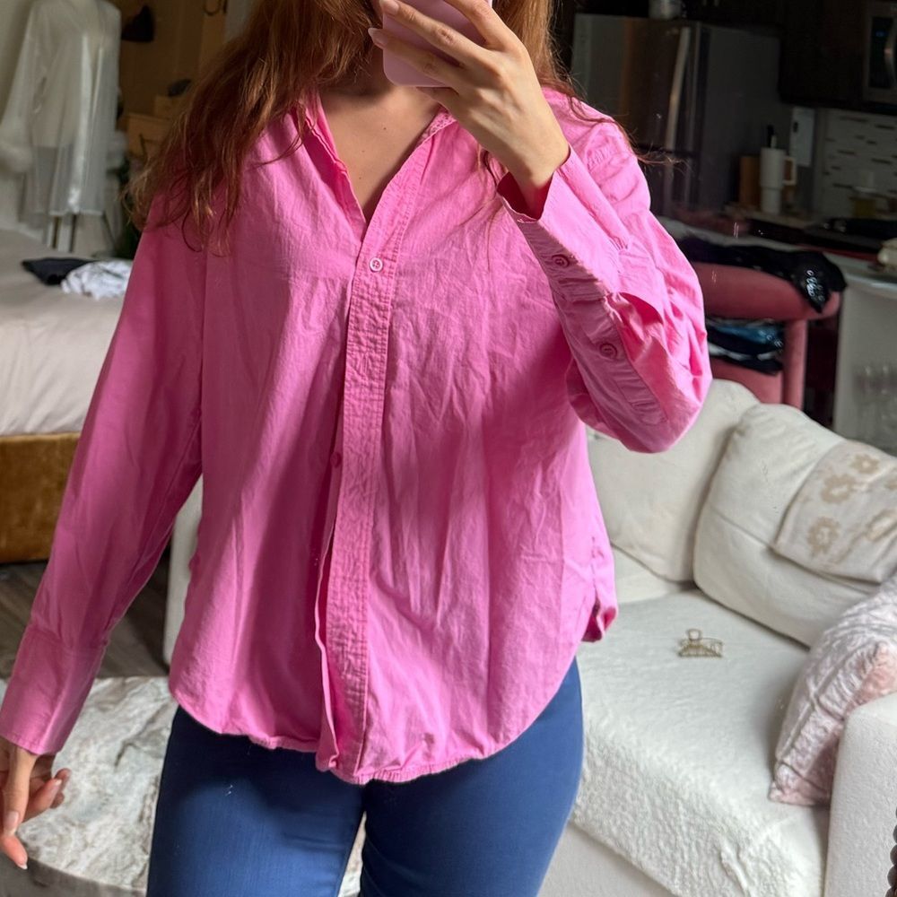 ZARA Fuchsia Pink 100% Cotton Basic Poplin Button Down Shirt Size Small